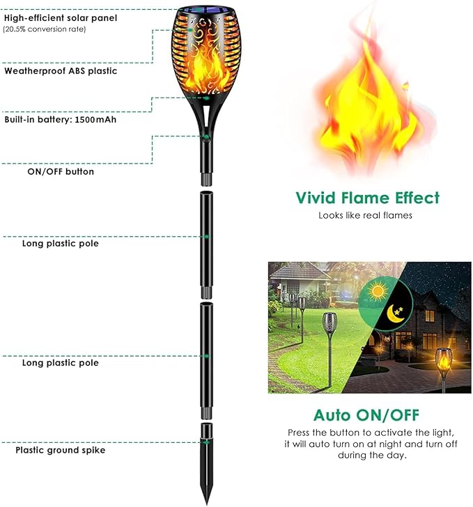 TomCare Solar Lights Outdoor 99 LED Higher & Larger Flickering Flame Solar Torch Lights 43" Waterproof Outdoor Lighting Solar Powered Pathway Lights for Garden Patio Yard, 6Pack