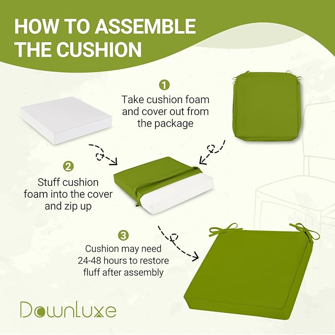 downluxe Waterproof Outdoor Chair Cushions Set of 2, 19" x 19" x 3" Patio Chair Cushion with Non-Slip Ties & Handle, Square Outdoor Cushion for Patio Furniture with Removable Cover, Grass Green