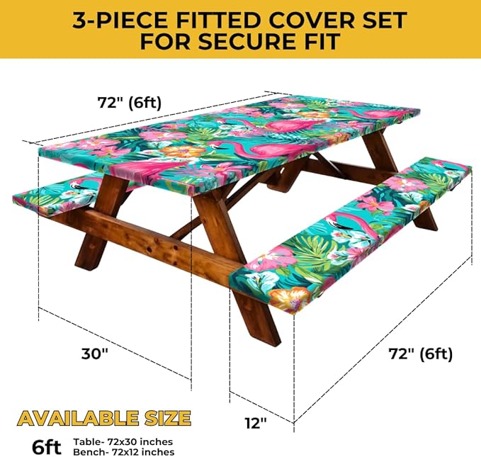 RNOONY 6ft Polyester Picnic Table Cover with Bench Covers Windproof & Waterproof Tablecloth, Perfect for Camping Gifts & RV Essentials, Cool Camping Gadgets, with Carrying Bag, 72x30 Inches, 4Pcs