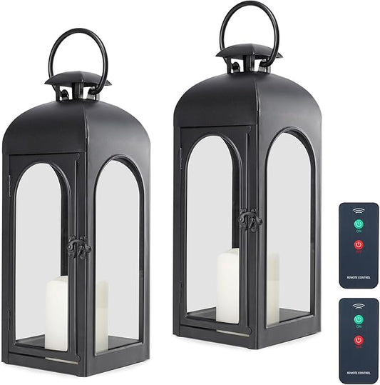 Bdor Lantern Decorative Candle Lantern 16 Inch Remote Vintage Set of 2 Decorations with Timer LED Metal Hanging Lantern for Home Outdoor Porch Decor Christmas Centerpieces Tables