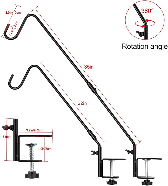 Camii Heavy Duty Deck Hook, 22 to 35 Inch Extended Adjustable, 360° Rotatable Solid Steel Rod, Fence Deck Hangers for Hanging Bird Feeders, Plants, Planters, Suet Baskets, Lanterns, Wind Chime