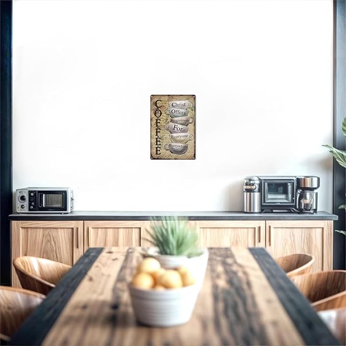 Vintage Metal Tin Sign "Christ Offers Forgiveness For Everyone Everywhere" Retro Coffee Bar Decor for Home Kitchen Coffee Outdoor Decorations (8x12 Inch)