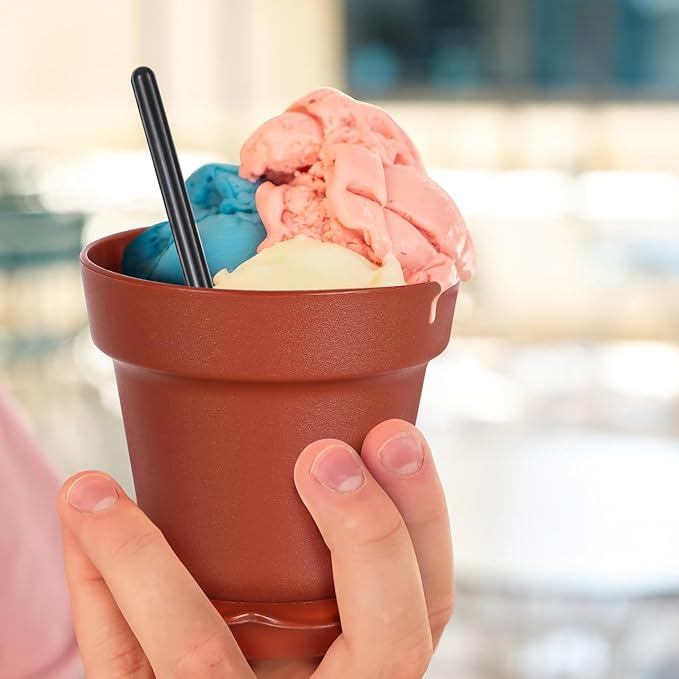 Garneck 20pcs Mini Flower Pot Dessert Cups with Lids Shovel Spoons and Bottom Tray Plastic Small Cake Cup for Construction Birthday Baby Shower Summer Ice Cream Yogurt Mousse Pudding