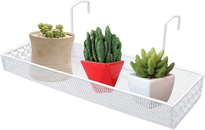 Chris.W Iron Hanging Shelf Basket with Hooks Balcony Succulent Plants Mini Flower Pot Holder Railing Shelf, for Patio Porch or Fence (White)-Small
