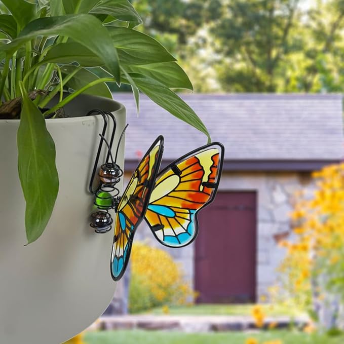 BESPORTBLE 3Pcs Butterfly Decorations for Plant Pot - Iron and Glass Hanging Butterfly Ornaments, Flower Pots Bonsai Hangers Figurines, Outdoor Garden Pendant Decor