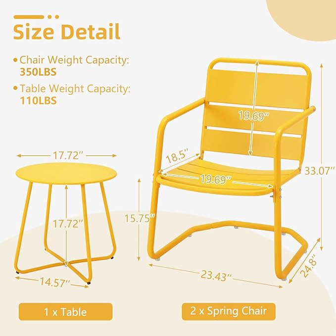 MELLCOM 3 Piece Patio Set, Small Patio Furniture Set - 2 C-Spring Metal Chairs with Round Side Table, Outdoor Bistro Set for Balcony, Front Porch, Poolside, Garden, Deck, Yellow
