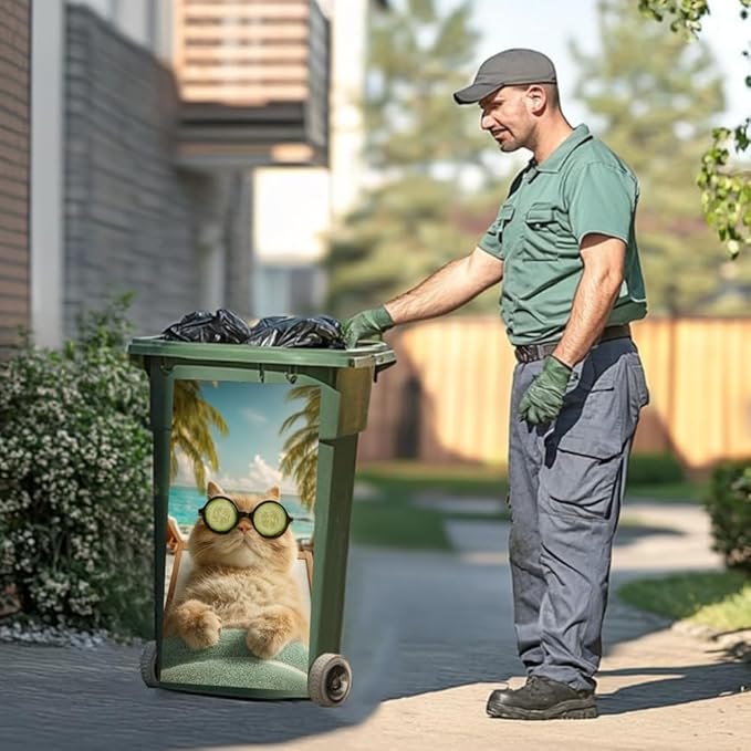 2PC Trash Can Sticker 14.57 x 32.28 Inch Relaxing Cat Design Summer Beach Theme Decorative Garbage Bin Cover Outdoor Trash Can Decal Art for Home Yard Garden Holiday Decoration