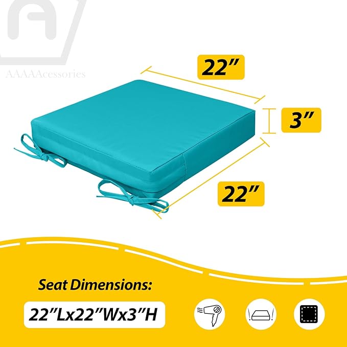 AAAAAcessories Outdoor Seat Cushions for Chairs, Waterproof, Fade-Resistant, 22" x 22" x 3", Patio Furniture Replacement Cushions, Set of 2, Turquoise Blue