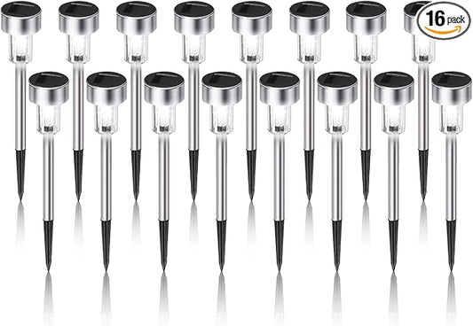 Solar Lights Outdoor Waterproof, Stainless Steel LED Landscape Lighting, Solar Garden Lights, Outdoor Valentines Day Decorations for Yard, Pathway, Walkway, Patio , Lawn - 16 Pack ( Cold White )