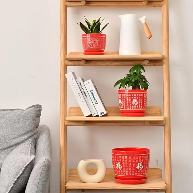 Ceramic Red Planters Pot with Drainage Hole and Saucer, Home/Garden Outdoor Decorative, Tray for Wedding - Outside Chinese Characters Meaning Fortune,Plants Not Included