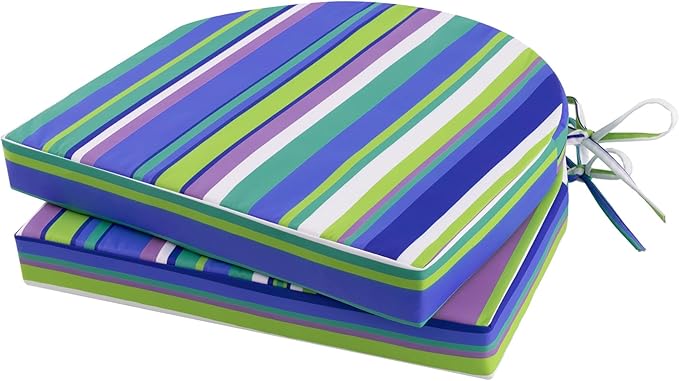 Topotdor Outdoor Chair Cushions Set of 2, Waterproof Patio Chair Cushions for Outdoor Furniture, Round Corner Seat Chair Pads with Ties for Patio Garden Dining Office, 17"x16"x2", Blue Stripe
