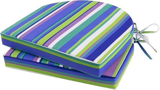 Topotdor Outdoor Chair Cushions Set of 2, Waterproof Patio Chair Cushions for Outdoor Furniture, Round Corner Seat Chair Pads with Ties for Patio Garden Dining Office, 17"x16"x2", Blue Stripe