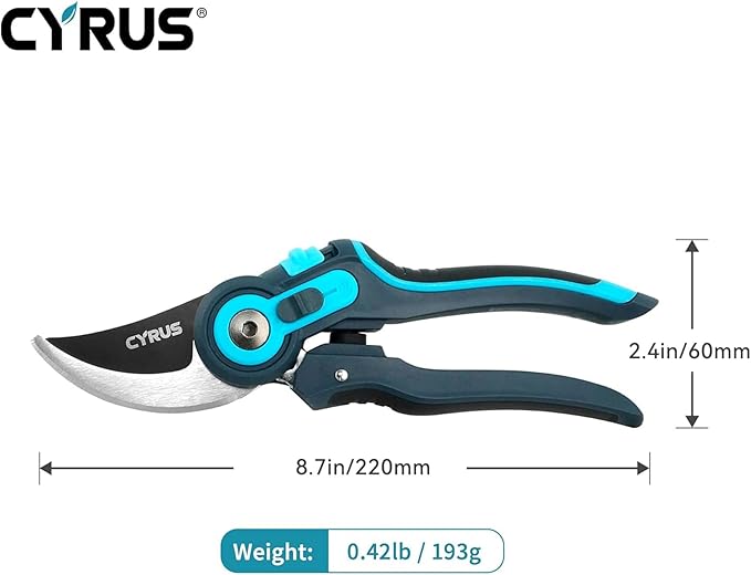 CYRUS Adjustable labor-saving Pruning Shears, Garden Shears with Non-Stick Carbon Steel Blade, 0.866 Inch Cutting Diameter, Safety Lock & Anti-Slip TPR Handle for Gardening, Flower Trimming