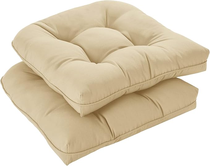 downluxe Outdoor Chair Cushions Set of 2 for Patio Furniture, Waterproof Tufted Overstuffed Patio Furniture Cushions, Memory Foam Outdoor Seat Cushion, 19" X 19" X 5", Khaki