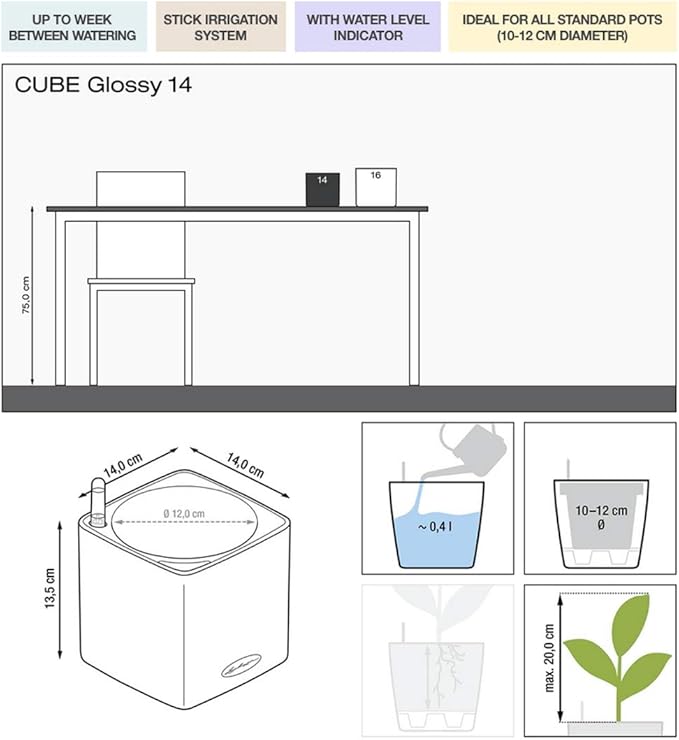 Lechuza Cube Glossy 14 Scarlet Red High Gloss, Self-Watering Indoor Small Plant Pot, H5.5 L5.5 W5.5 in