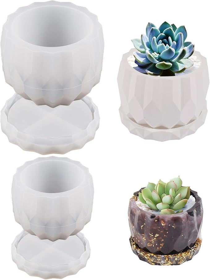 2-Pack Silicone Planter Mold - Easy Demold Sturdy Silicone w/Bottom Bracket (Stable+Drain) for DIY Succulent Pots, Storage Containers, Candle Holders