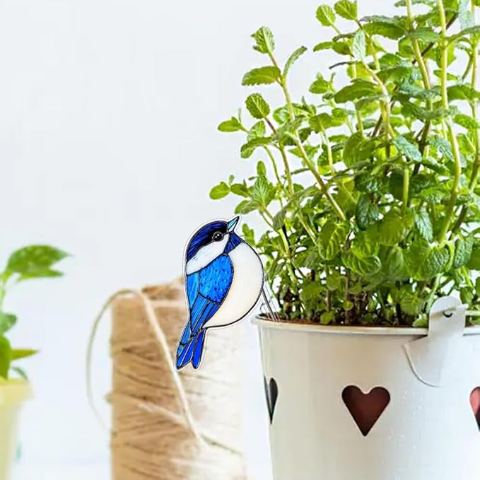JOONOR 2 Pieces Stained Acrylic Bird Flower Pot Hugger Cute Animal Bird Statue for Planter Hanger Decorations Outdoor Fairy Garden Planter Edge Accessories