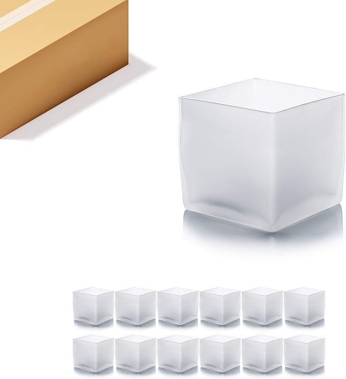 WGV Cube Glass Vase Bulk, Candle Holder, 5"x5"x5", Frosted Elegant Floral Accent Container Planter Terrarium Storage for Wedding Party Ceremony Event Office Home Decor, 12 Pieces