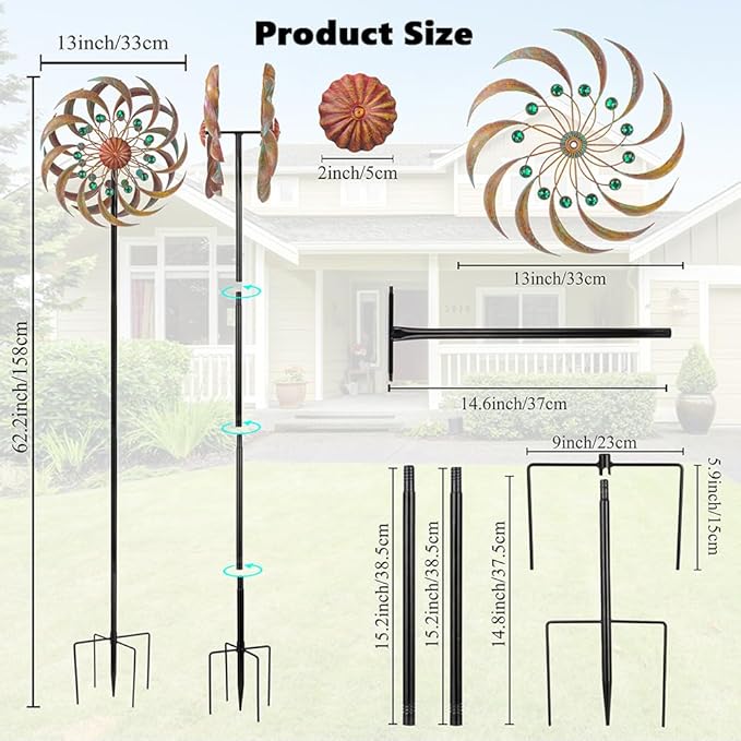 VEWOGARDEN Garden Metal Wind Spinners Outdoor Kinetic Wind Sculptures & Spinners for Yard Lawn Patio Decorations, Copper Green