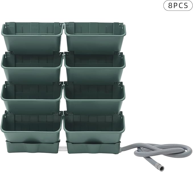 Vertical Wall Planter for Indoor Plant-Walls Mounted Pot with 2 Drainage Tray 8 Pack, 13 inch Dark Green for Decor, Plastic Pots Balcony Planters, Plants Hanging (8, Army Green)