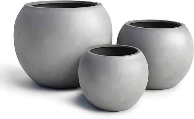 DTY Mount Sherman 16.1'' D x 13.6'' H (Pot Opening 11.8") Fiberstone Round Planter with Drainage Hole, Smooth Finishes, Weather Resistant for Indoor and Outdoor, 2 Extra Coco Mats - Gray, Medium