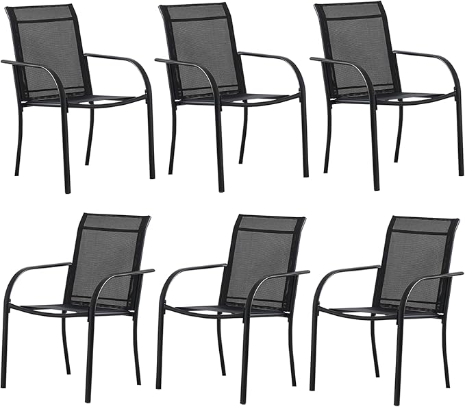 Outdoor Patio Dining Chairs Set of 6, Lightweight Stackable Patio Chairs with Curved Armrests & Wide Seat, Heavy Duty 300 lbs Capacity, Garden Chairs for Backyard, Deck, Poolside, Black