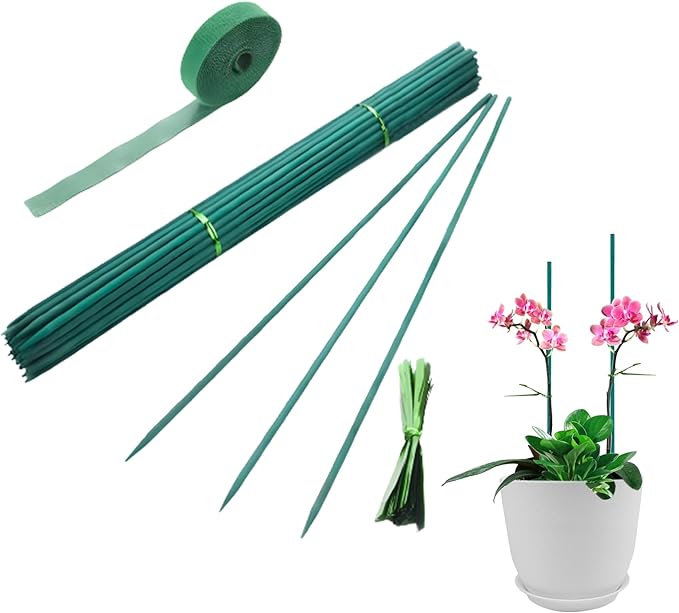 30Pcs 16 Inch Green Bamboo Garden Stakes, Wooden Plant Support Sticks with Garden Ties and Nylon Plant Tie Strap