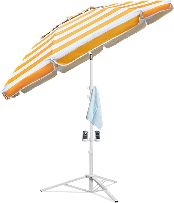 AMMSUN Shade Umbrella, Premium Portable Umbrella with Stand, 6.5ft Lightweight Free Standing Canopy for Sporting Games, Adjustable Instant Sun Protection and Easy to Carry, Stripe Yellow