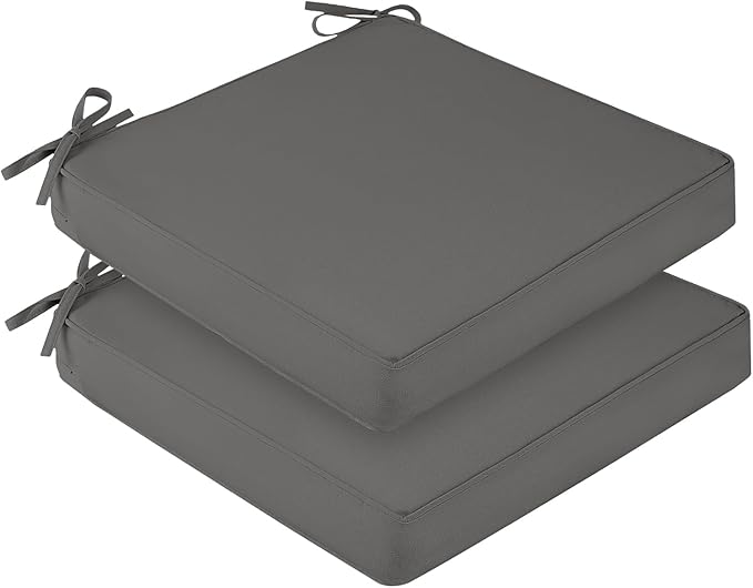 downluxe Outdoor Chair Cushions for Patio Furniture, Waterproof Square Corner Memory Foam Patio Chair Cushion with Adjustable Ties and Portable Handle, 19" x 19" x 3", Dark Grey, 2 Pack