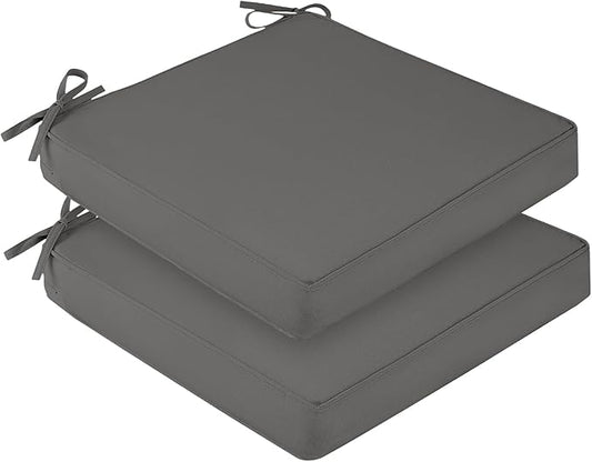 downluxe Outdoor Chair Cushions for Patio Furniture, Waterproof Square Corner Memory Foam Patio Chair Cushion with Adjustable Ties and Portable Handle, 19" x 19" x 3", Dark Grey, 2 Pack