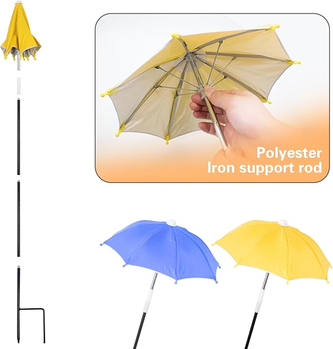 2 PCS Mini Plant Umbrellas, 10.6 Inch Diameter Small Mini Adjustable Height (23.2-31.1 Inch) Shade Umbrella for Outdoor Potted Plants Garden Bed Flower Pot Decor, Blue and Yellow