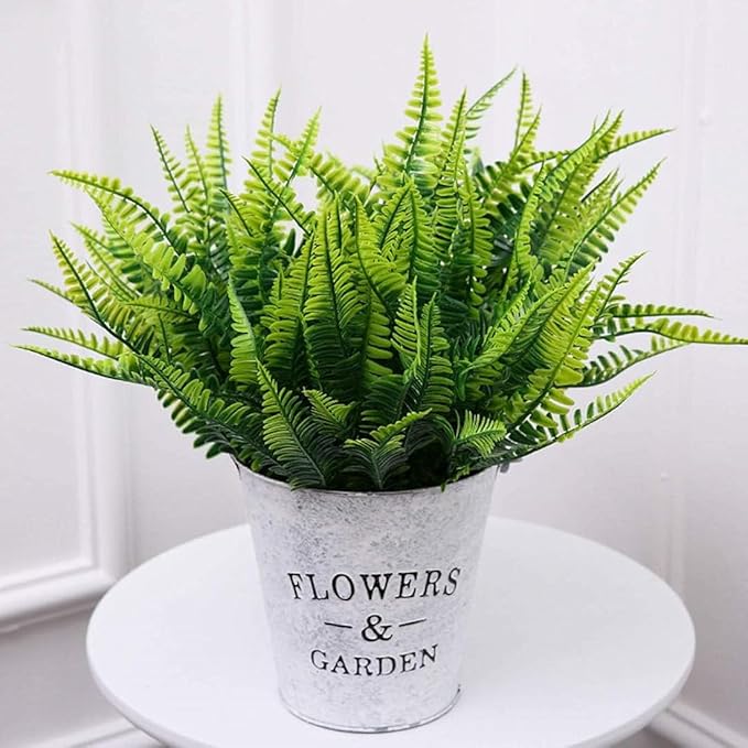 Artificial Boston Ferns Plants, Fake Plastic Fern Grass Faux Shrubs Plastic Leaves Simulation Greenery Bushes for Home Decor Indoor Outdoor Garden Wedding Decoration Yard Vase Planter Filler – 8 Pack