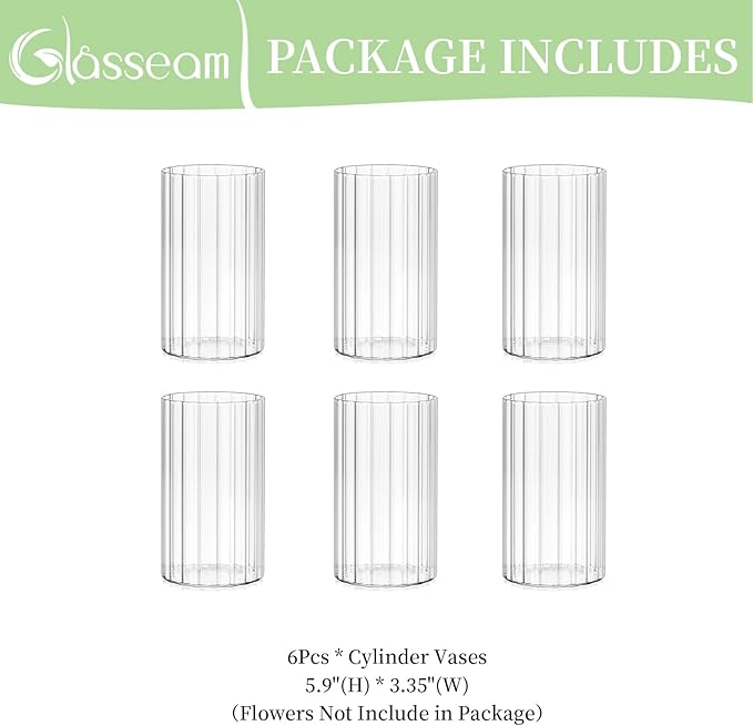 Glasseam Glass Cylinder Vases for Centerpieces: 6pcs Clear Ribbed Flower Vases for Pillar Candle - 6 Inch Modern Hurricane Floating Candle Holder for Wedding Table Centerpieces Living Room Home Decor