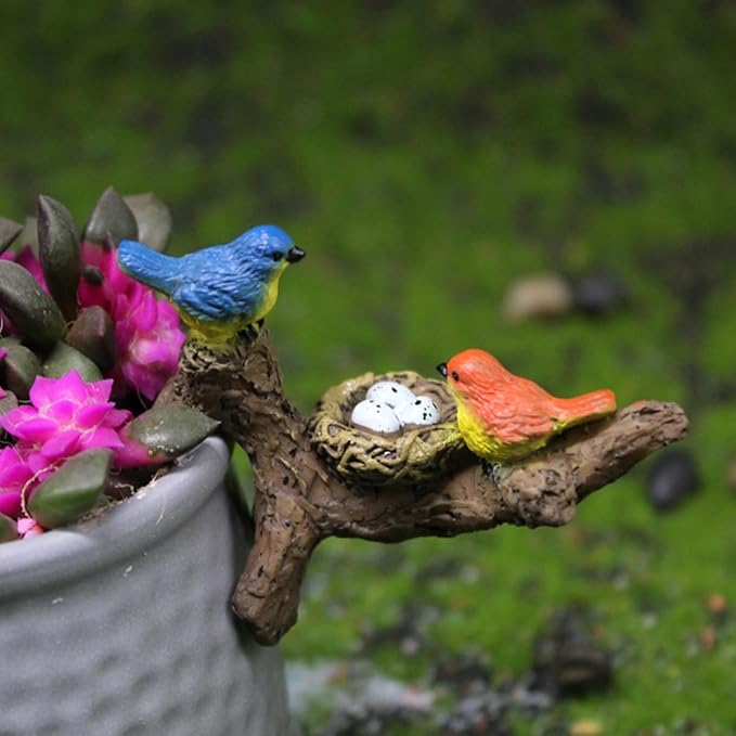 Birds Perched on Branches Flower Pot Hugger Figurines, Mini Resin Birds Sculpture Outdoor Statues Planter Pot Terrarium Fish Tank Edge Bonsai Craft Decor Fairy Garden Accessories