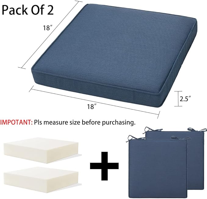 Magpie Fabrics Indoor Outdoor Waterproof Square Chair Cushion, 18" x 18" x 2.5", 2 Pack, Water Resistant Seat Cushions, for Patio Garden Office, Navy