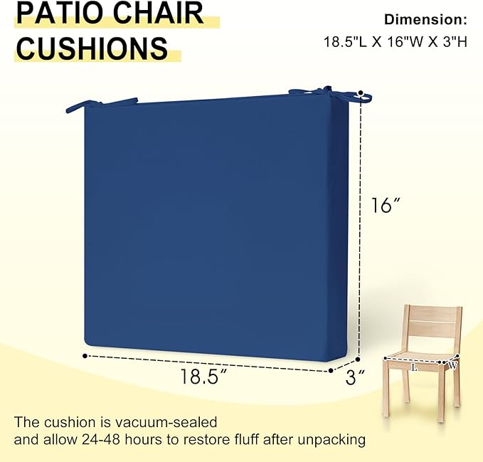 downluxe Outdoor Chair Cushions Set of 4 for Patio Furniture, Water-Resistant Square Corner Patio Chair Cushions with Ties, High Density Foam Outdoor Seat Cushion, 18.5" X 16" X 3", Royal Blue