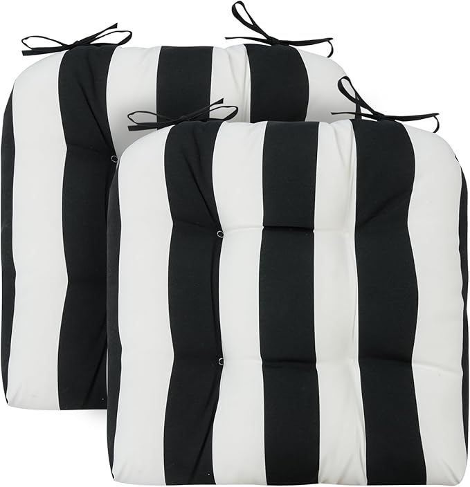 FUNHOME Outdoor Chair Cushions Set of 2,19 x19 Inch,Waterproof Tufted Patio Seat Cushions with Ties,Reversible,All Weather,Round Corner Wicker Chair Cushion for Outdoor Furniture(Black White)