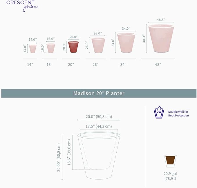 Crescent Garden Madison Planter– Weather-Resistant, Double Walled Indoor/Outdoor Plant Pot with Drain Hole – Durable All-Season Flower Container, 20" W (Caviar Black)