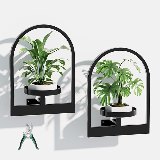 Plant Shelf, Hanging Frame Decor Wall Planters for Indoor Plants, Wall Plant Holder for Living Room/Entryway/Garden Flower Pot Holder Free Garden Shears (Arc-Black, 2pcs)