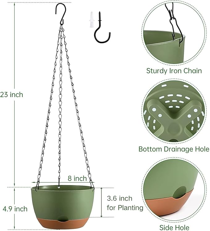 Hanging Planters for Indoor Plants, Set of 2 8/10 Inch Self-Watering Hanging Pots with Drainage Hole & Removable Water-Storage Tray II Screw-in Hooks II