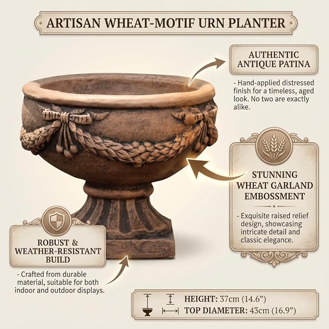 17 Inch Vintage Plant Pot for Plants, Embossed Design Durable and Sturdy Resin Fiber Flowerpots with Drainage Hole, Decorative Orchid Houseplant Pot Indoor Outdoor Plant Container