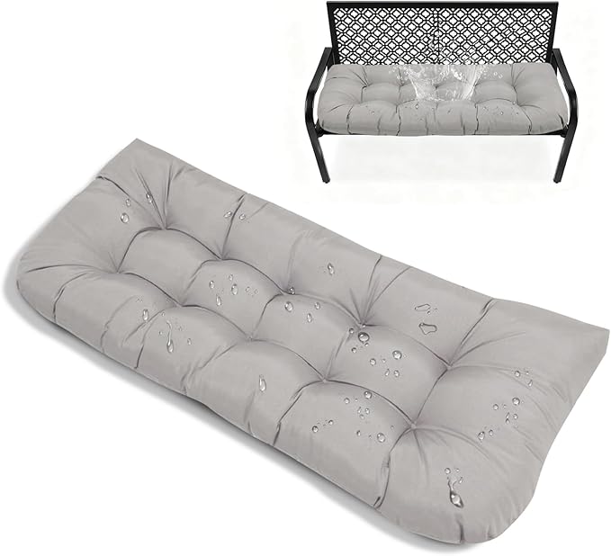 Outdoor Bench Cushion with Ties Light Grey Waterproof Tufted Overstuffed Bench Cushions for Swing Loveseats Patio Funiture 51x 20