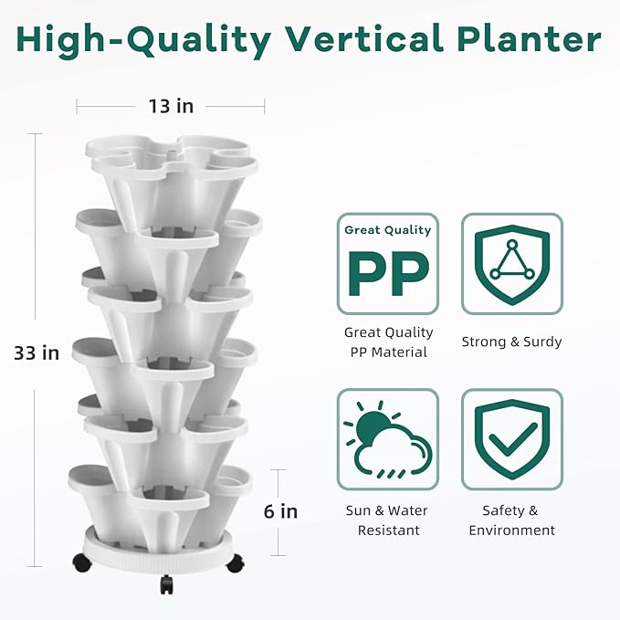 Strawberry Vertical Planters, 6 Tiered Stacking Tower Garden, Stackable Herb Vegetable Planters with Movable Casters and Bottom Saucer Indoor and Outdoor - White