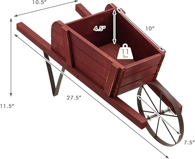 S AFSTAR Wood Wheelbarrow Planter, Flower Plant Pot Wheelbarrow Cart w/Metal Wheel & 9 Replaceable Magnet Accessories, Wooden Wagon Planter Wheelbarrow Decor for Outdoor Garden Backyard (Red)