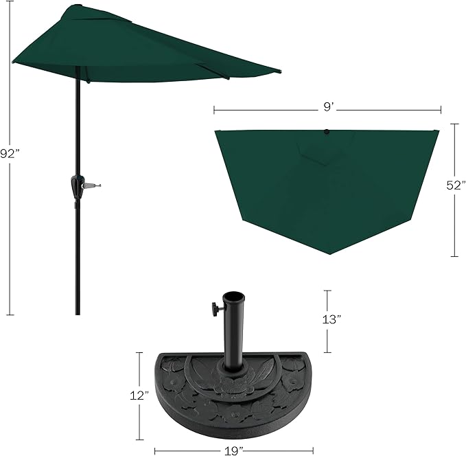 9-Ft Half Patio Umbrella Easy Crank Semicircle Balcony Shade with 20lb Weighted Base for Deck, Porch, or Against a Wall by Pure Garden (Hunter Green)