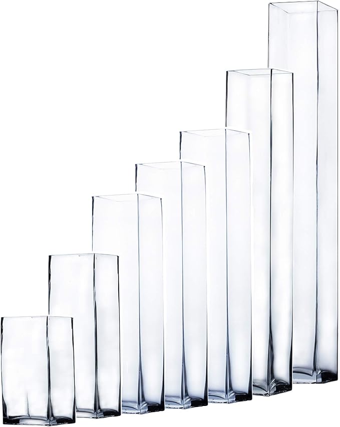 WGV Tall Square Vase Glass Block, Length 4", Height 24", Clear Floral Container, Masterpiece, Planter Terrarium for Wedding Party Event, Home Office Decor, 1 Piece