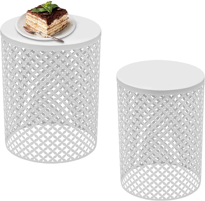 2PCS Outdoor Side Table, Heavy Duty Metal Frame Side Table Decorative Garden Stool Modern End Table Round Coffee Table for Patio Gardens Balconies Cafes (White)