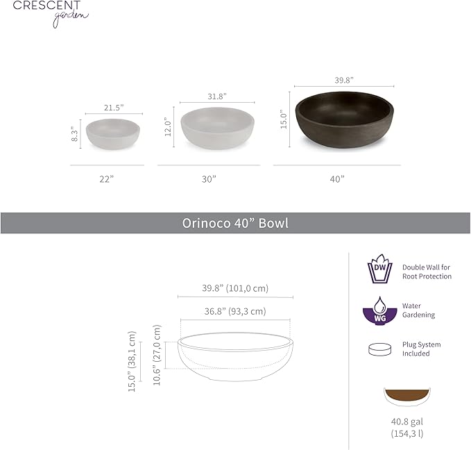 Crescent Garden Extra Large Outdoor Planter Bowl with Drain Hole for Water Gardens, Fountains, Decorative Landscaping - 40" W x 15" H (Old Bronze)