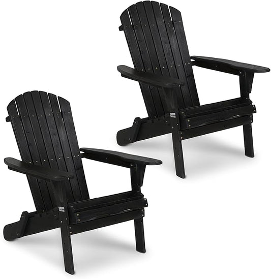 VINGLI Folding Adirondack Chairs Set of 2, Wood Adirondack Chair for Outdoor, Foldable Fire Pit Chairs for Patio, BBQ, Porch, Yard, Pool, Black