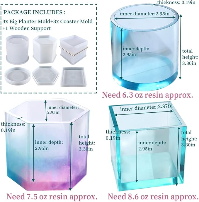3 Sets Large Silicone Plant Molds, Container Coaster Resin Concrete Mold, Cylinder Cube Hexagon Silicone Mold for Candle Vessel Succulent Planter Pot Pen Holder Jar, Handmade Crafts Supplies